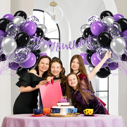 60pcs Purple and Black Balloons 12inch with Silver Confetti Balloons - color: Purple Black Silver