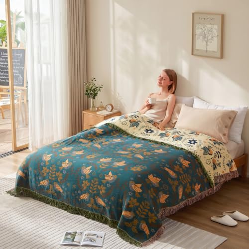 LUTBM King Throw Blanket for Bed, 100% Cotton Boho Soft Fall Blankets - color: Animal-bird-a, size: 108"×90"