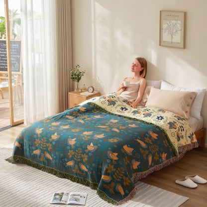 LUTBM King Throw Blanket for Bed, 100% Cotton Boho Soft Fall Blankets - color: Animal-bird-a, size: 108"×90"