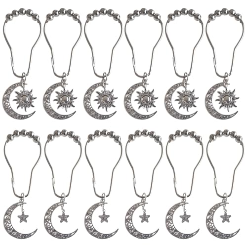 Decorative Sun Moon Celestial Shower Curtain Hooks Rings Set of 12, Silver - color: Silver