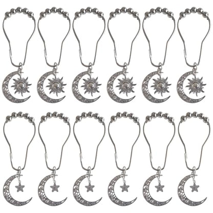 Decorative Sun Moon Celestial Shower Curtain Hooks Rings Set of 12, Silver - color: Silver