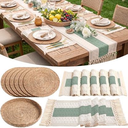 Boho Table Runner and Placemats Set, 6 Sets, Green, 12x72 - color: Green, size: 12x72"