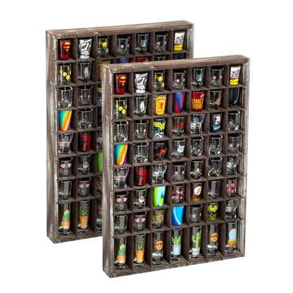 J JACKCUBE DESIGN - Shot Glasses Display Case(Set of 2) 56 Compartments Wall Mount Pint Glass Shadow Box Bar Cabinet Collection Freestanding - MK524AA