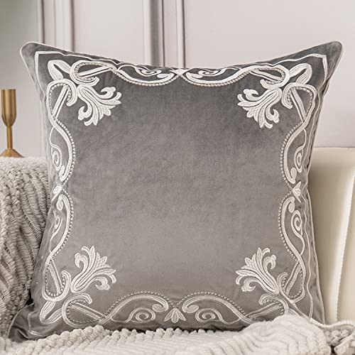 Aeckself European Floral Pillow Cover 20x20 Inch, Luxury Velvet Embroidered Decorative Throw Pillow Cover for Couch Bedroom Living Room, Grey and White - color: Gray, size: 20" x 20" (Pack of 1)