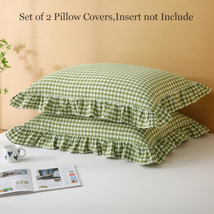 Silnuo Olive Green/White Gingham Ruffle Pillow Covers Queen Size 20"x30" - color: Green/White, size: Queen (20" x 30") - Set of 2