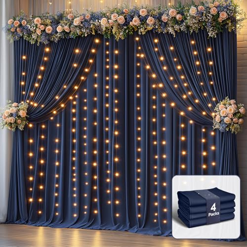 20 x 10ft Navy Blue Backdrop Curtains with Lights String - color: Navy Blue, size: W5' x H10'(4 panels)