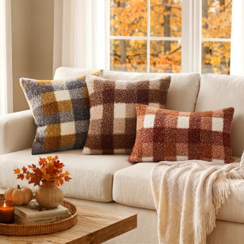 MIULEE Fall Plaid Pillow Covers Boucle Rust 12x20 Set of 2 Lumbar - color: Rust, size: 20" x 12" (Pack of 2)