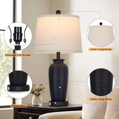 CINSARY 25" Retro Black Farmhouse Jar Table Lamps Set of 2, 3 Way Touch Control Rustic Bedside Lamps with USB A+C Ports & AC Outlet, Pot Nightstand Lamps for Bedroom Living Room (LED Bulbs Included) - color: Retro Black