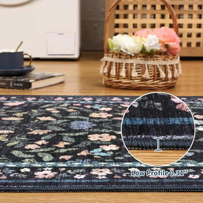 GarveeHome 4x6 Washable Floral Area Rug Low Pile Nursery Dark Grey Blue - color: Dark Grey Blue, size: 4' x 6' (Rectangular)