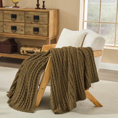 Sea Blue Cable Knit Throw Blanket,Extra Thick Cozy Sofa Blanket 50x60 - color: Dark Khaki, size: 50"x60"