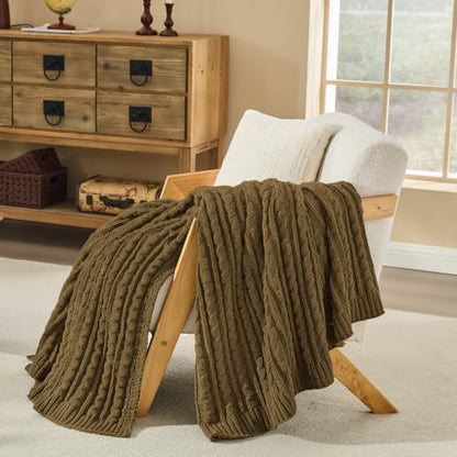 Sea Blue Cable Knit Throw Blanket,Extra Thick Cozy Sofa Blanket 50x60 - color: Dark Khaki, size: 50"x60"