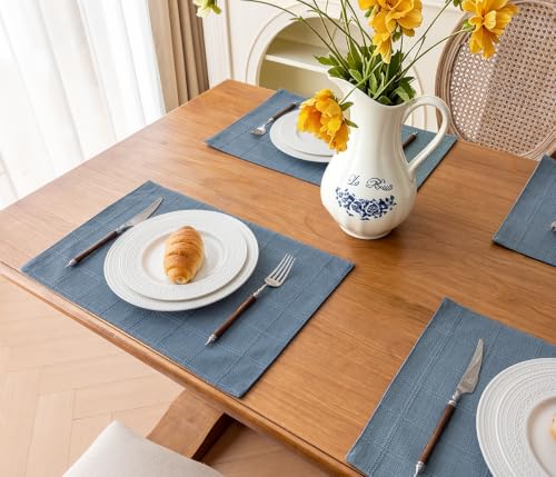 Linen Checked Placemats Set of 6, Blue Rustic Place Mats 12x18 Inch - color: Blue, size: 12×18 Inch (Set of 6)