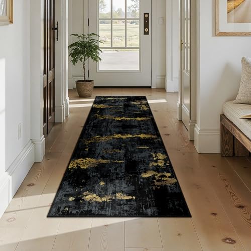 RELEANY Washable Runner 2'x7' Abstract Area Rug for Hallway Black Gold - color: Black/Gold, size: 2' x 7' (Runner)