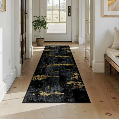 RELEANY Washable Runner 2'x7' Abstract Area Rug for Hallway Black Gold - color: Black/Gold, size: 2' x 7' (Runner)