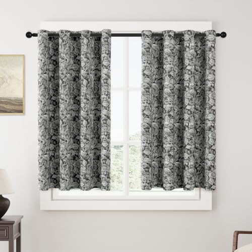 ChrisDowa Floral Blackout Curtains 45 Inches Long 2 Panels for Dining Room Kitchen,White Flower Patterned on Black Room Darkening Thermal Insulated Grommet Window Treatments Drapes,52X45 - color: Leaf | Black, size: 52"W x 45"L (Pack of 2)