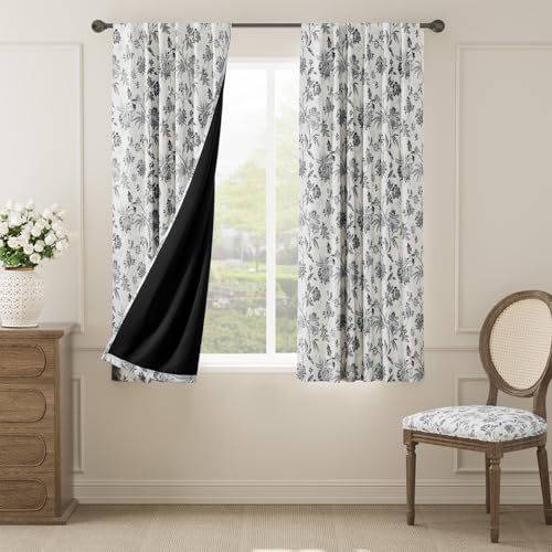 jinchan Black Floral Blackout Curtains 63 Inch Vintage Back Tab 2 Panels - color: *Black, size: 52"W x 63"L (Pack of 2)