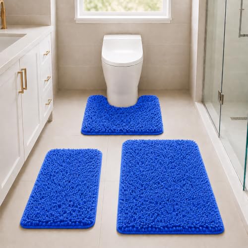 Blue Bath Mat - Super Soft Non-Slip, Machine Washable, Dries Quickly - Ultra Soft 3 Piece Bathroom Set - color: Cyan-blue