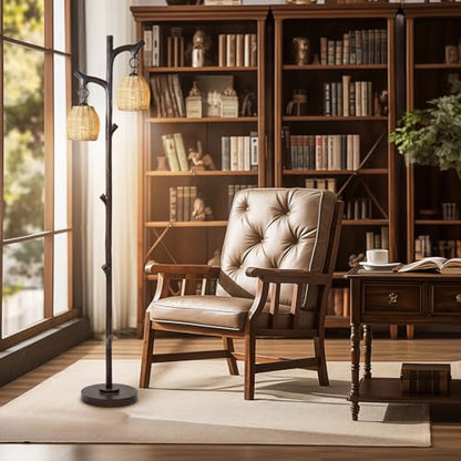 Scenekoy 68" Tall Floor Lamp with Wicker Drum Shade, Foot Switch Dimming - color: Dark Bronze