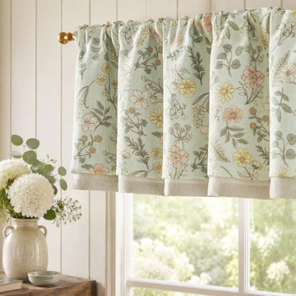 jinchan Maia Floral Linen Double Layer Valance 16 Inch 1 Panel Green - color: Maia Green on Linen, size: 50"W x 16"L (Pack of 1)