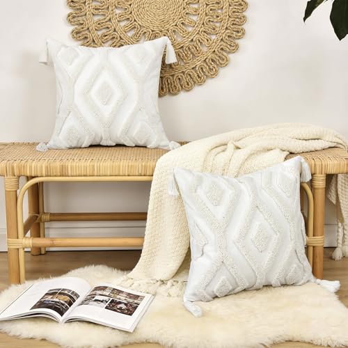 Boho Tufted Throw Pillow Covers 18x18 Inch with Tassels, White - color: Ivory Geo Tufted