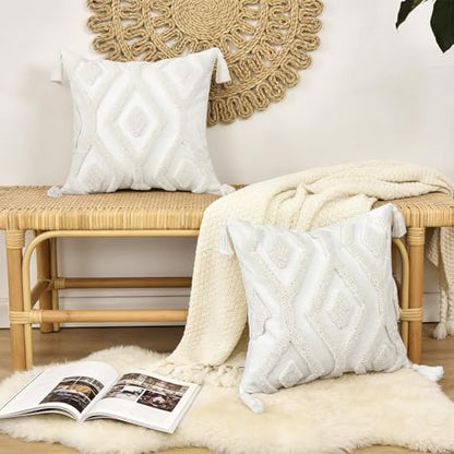 Boho Tufted Throw Pillow Covers 18x18 Inch with Tassels, White - color: Ivory Geo Tufted