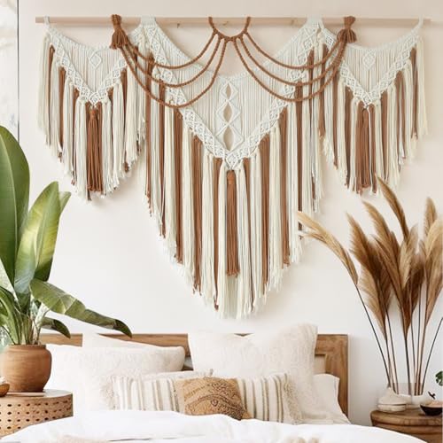 Macrame Wall Hanging Handwoven Geometric Tapestry Woven Decor 47" W*35" L - color: Brown and White