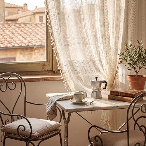 2 Panels Light Beige Boho Sheer Curtains 59" W x 84" L