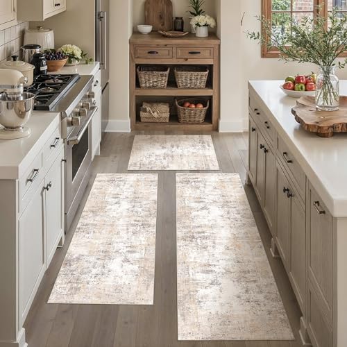 Washable Beige Grey Neutral Kitchen Runner Rug Set of 3 - color: Abstract | Beige Grey, size: 20"x32"+20"x48"+20"x59"