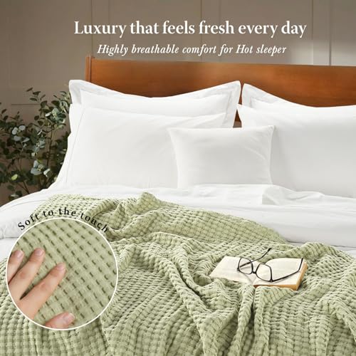 Threadmill Queen Waffle Bed Blanket, Rayon Derived from Bamboo, Sage Green - color: Sage Green, size: Queen (90" x 92")