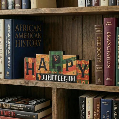 Smile Juneteenth HAPPY Wooden Desktop Decor - 6 Piece African American Black Pride Table Signs - Home Office Shelf Accents - Black History Month Gifts for Men, Women - style: Letter Juneteenth