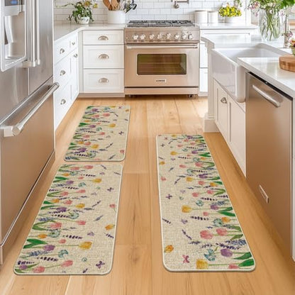 Artoid Mode Lavender Tulip Spring Kitchen Mats Set of 3, Seasonal Flower Summer Home Decor Low-Profile Kitchen Rugs for Floor - 17"x29"+17"x36"+17"x47" - size: 17"x29"/17"x36"/17"x47"