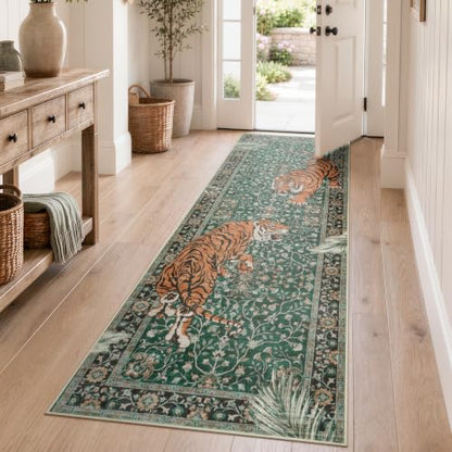 Moynesa 2'6"x8' Runner Rug for Hallway, Washable Green Boho Tiger Runner - color: Green, size: 2'6" x 8' (Rectangular)