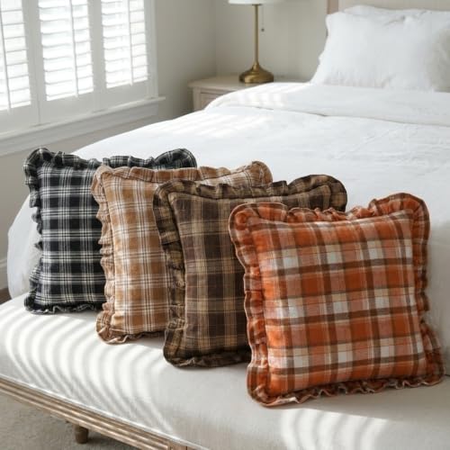 Chocolate Dark Brown Tartan Plaid Fall Cute Throw Pillow Covers 18x18 - color: Chocolate Ruffled Plaid Throw Pillow Covers, size: 18" x 18" (Pack of 2)