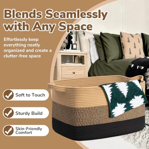 Goodpick Large Woven Blanket Basket, Rectangle, Black Jute, 75L - color: Black Jute, size: Large(21.6"L x 14.9"W x 11.8"H)