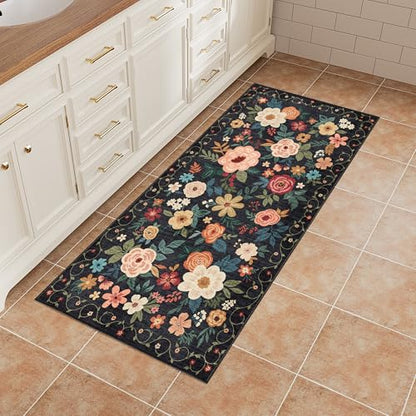 DUKINO 2x4 Entryway Rug, Floral Washable Kitchen Rugs Non Slip, Black - color: Black, size: 2' x 4' (Rectangular)