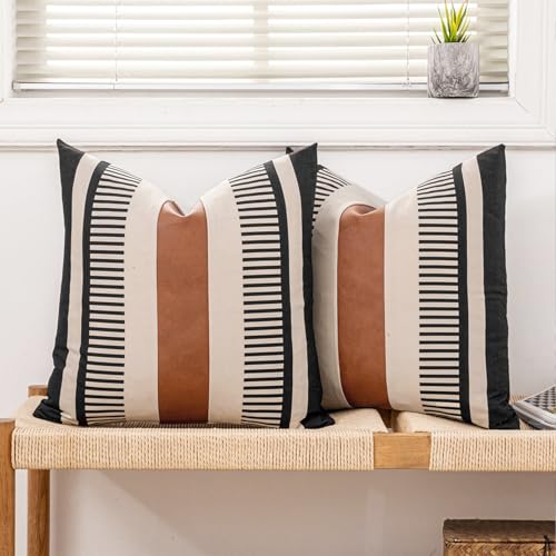Farmhouse Stripe Pillow Cover 20x20 Boho Accent Cushion Case Faux Leather Decorative Pillowcase,Black and Beige (Cover ONLY, Pack of 2) - color: Black and Beige, size: 20" x 20" (Pack of 2)
