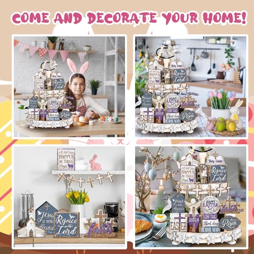 Amyhill 29 Pcs Religious Easter Tiered Tray Decor Christian Easter Decorations He is Risen Cross Lily Purple Wooden Signs Rustic Farmhouse Spring Table Decor for Home Kitchen Shelf - style: Purple Easter
