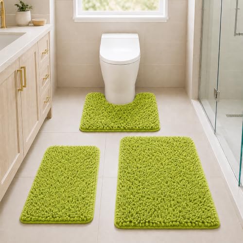 Lime Green Bathroom Rug Set - Extra Soft 3 Piece Anti-Slip Bath Mats, Plush Chenille Shaggy Mat for Living Room, Bedroom, Floor - Water Absorbent Soft Rug - color: Lime Green