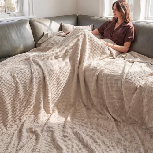 Bedsure 100% Cotton Big Oversized King Blanket, Waffle Weave, Beige - color: 02 Beige, size: Oversized King (120" X 94")