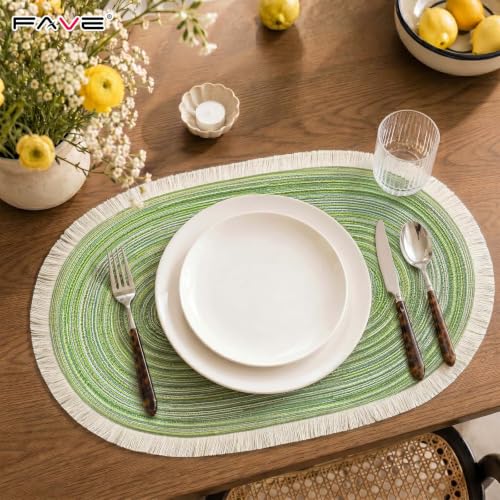 FAVE Boho Oval Woven Placemats Set of 6, Washable Table Mats with Tassels - color: Green