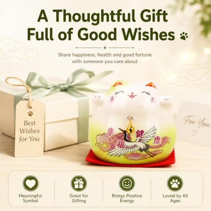 kcrygogo Green Maneki Neko Lucky Cat Figurine, Ceramic Japanese Fortune Cat Statue with Happiness Health Artwork and Red Cushion, Cute Good Luck Desk Shelf Table Decor Gift for Home Office Shop
