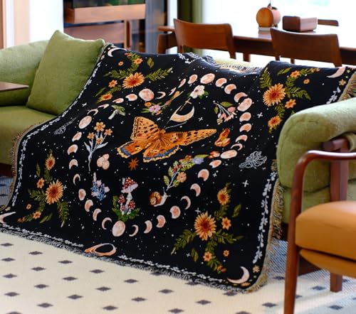 Moon Phase Butterfly Boho Woven Throw Blanket for Couch Bed Lounge Chair Hippie Room Decor Bedspread Boho Vintage Throws Blankets Outdoor Blanket Aesthetic Wall Hanging Celestial Bedroom Decor 51”x59” - color: Woven Moon Butterfly