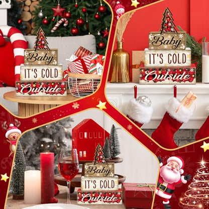 Britimes Tiered Tray Decor Set, 4 Pack, Wooden Table Sign, Plaid Farmhouse - color: Red