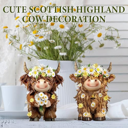 2 Pcs Highland Cow Figurines Decor, Daisy Flower Style - style: Daisy Flower
