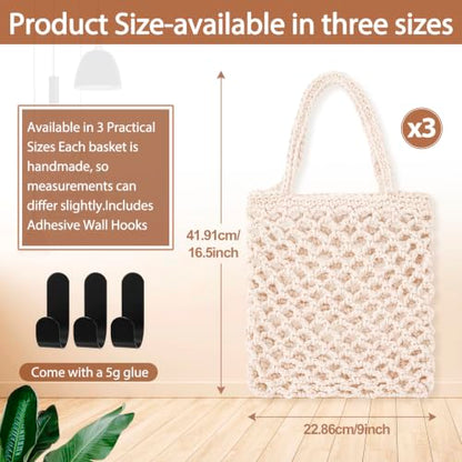 Honeydak 3 Hanging Baskets, Cream, Tote Style Basket - color: Cream, style: Tote Style Basket