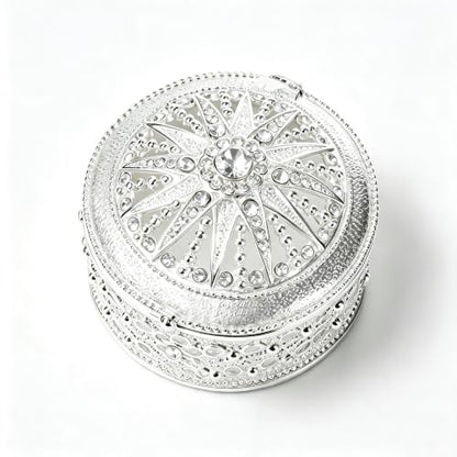 Silver Sunburst Rhinestone Round Jewelry Trinket Box - color: Silver_Round