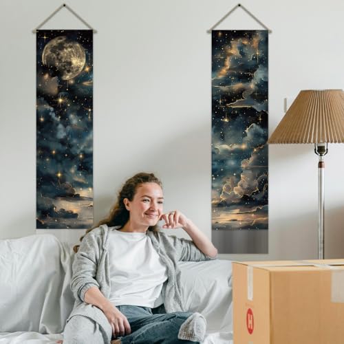 AHANDMAKER Pack of 2 Starry Sky Tapestry, Retro Moon and Stars Vertical Long Aesthetic Celestial Tapestry Doorway Curtain Tassel Wall Hanging for Bedroom Living Room, 13 x 51 Inch - color: Starry Sky