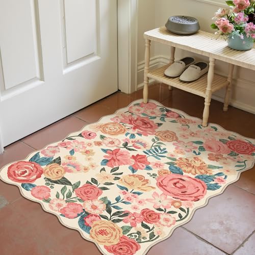 PureCozy Washable Floral Area Rug 2x3 Beige Small Entryway Doormat - color: Scalloped Beige, size: 2' x 3' (Rectangular)