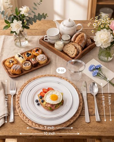 bUCLA 150-Piece Silver Disposable Dinnerware Set - White Plastic Plates with Silver Rim - Include 25 Dinner Plates, 25 Dessert Plates, 25 Forks, 25 Knives, 25 Spoons & 25 Cups for Party & Christmas - color: Silver