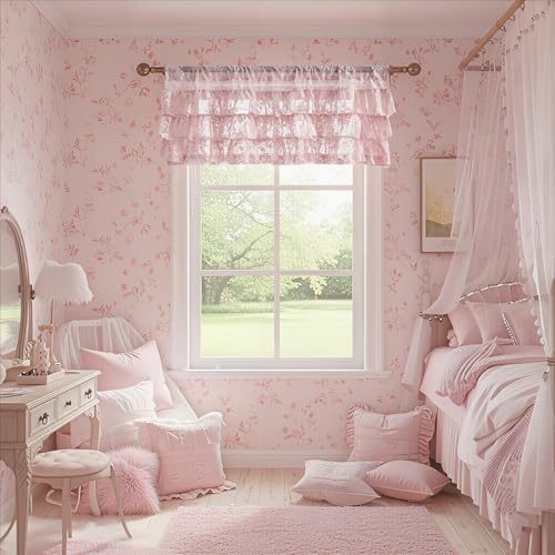 Kotile Pink Ruffle Lace Valance for Windows W52 x L18 Inch, 1 Panel - color: Pink - Ruffle Lace